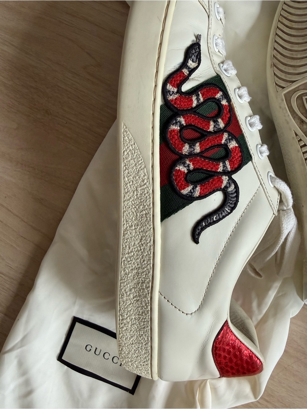 Gucci White Leather Sneaker with Red & Black Snake Patch